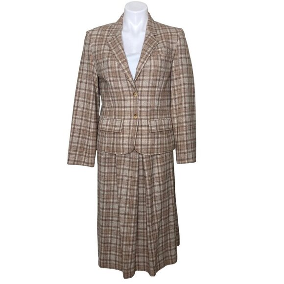 Pendleton Vintage Beige Plaid 100% Virgin Wool Blazer, Long Sleeves Women's 10 - Picture 8 of 10